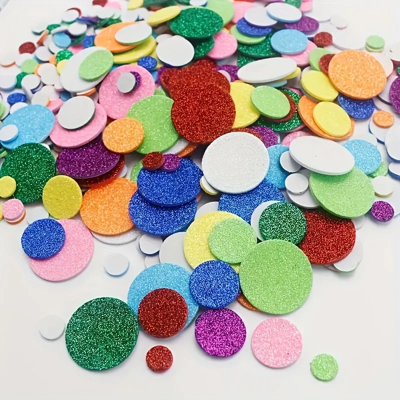 160pcs/pack Mixed Color Glitter Round Foam Stickers, Self-Adhesive Plastic Crafts, Geometric Shapes for Scrapbooking Decor