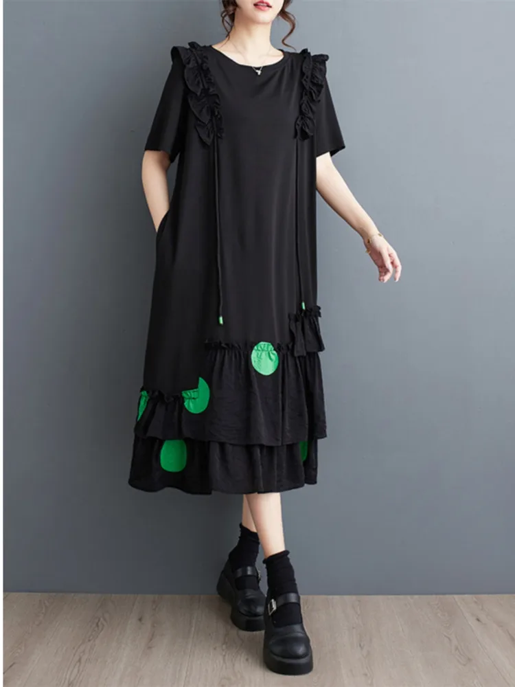 #3816 Black Long T Shirt Dress Short Sleeves Loose Spliced Ruffles Polka Dot Printed Irregular Tshirt Dress Ladies Loose O-Neck