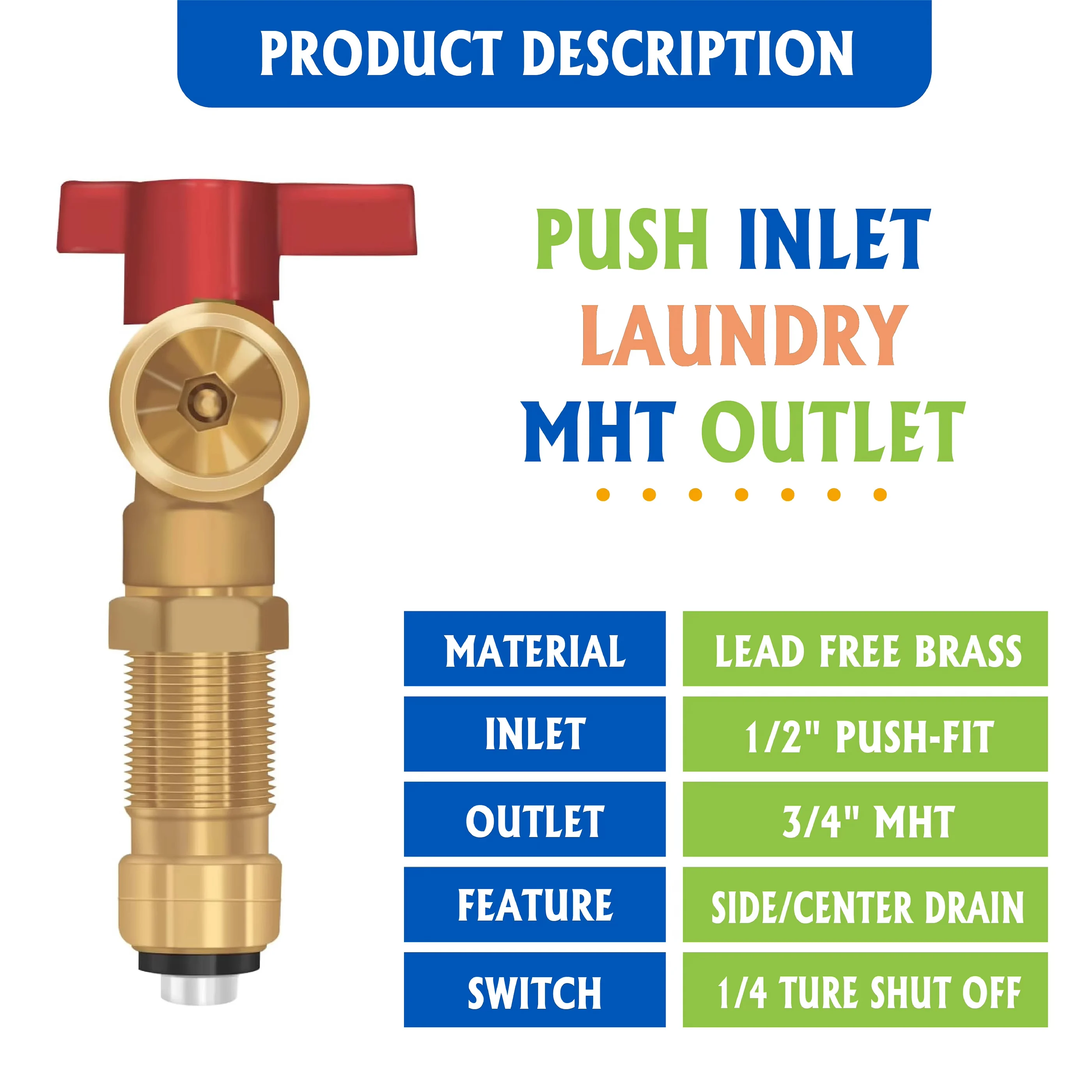صندوق مخرج الغسالة KING SMART؛ توصيل مناسب للدفع 1/2 بوصة، مخرج MHT مقاس 3/4 بوصة، 1/4 دورة؛ 1 قطعة/علبة؛ 81212