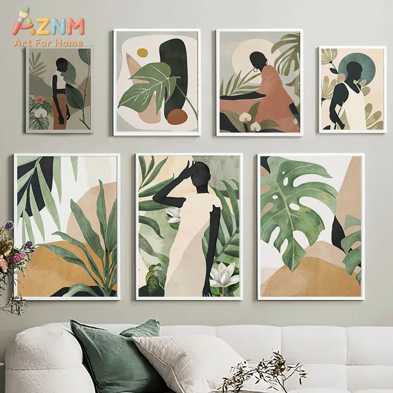 AZNM Boho Melanin Woman Canvas Print Tropical Monstera Leaf Abstract Geometric Neutral Earth Tone Floral Minimalist Wall Poster