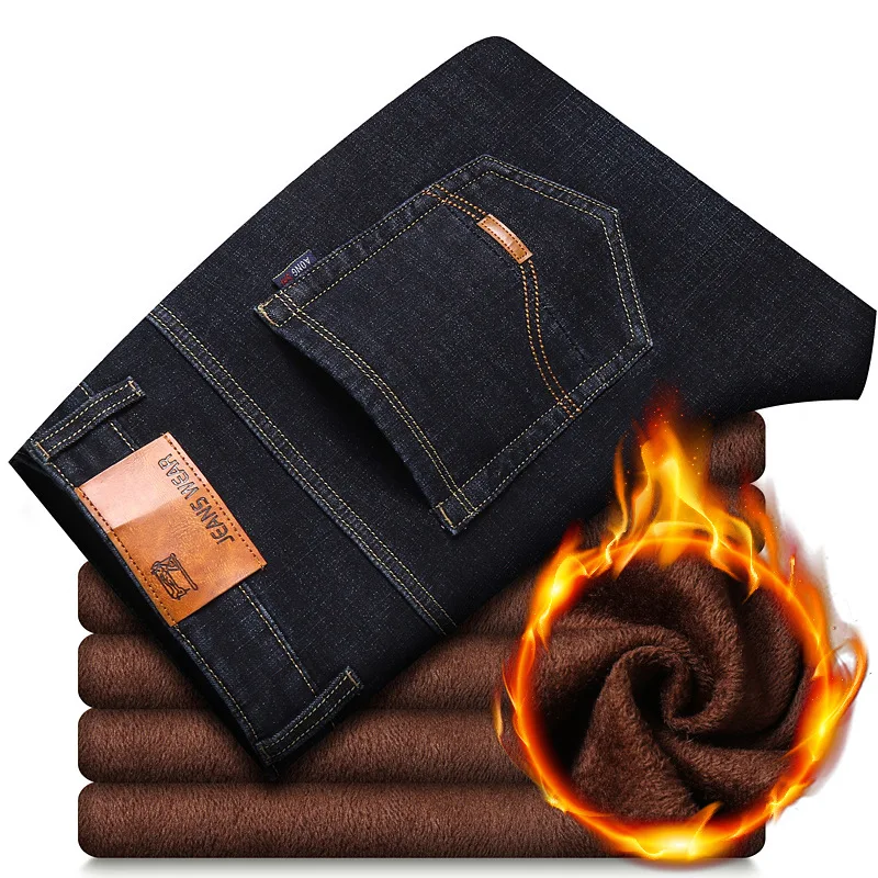 New Winter Men Fleece Denim Jeans Trousers Thicker Warm Long Pants Male Stretch Fit Casual Denim Jeans Solid Black Jeans Size 40