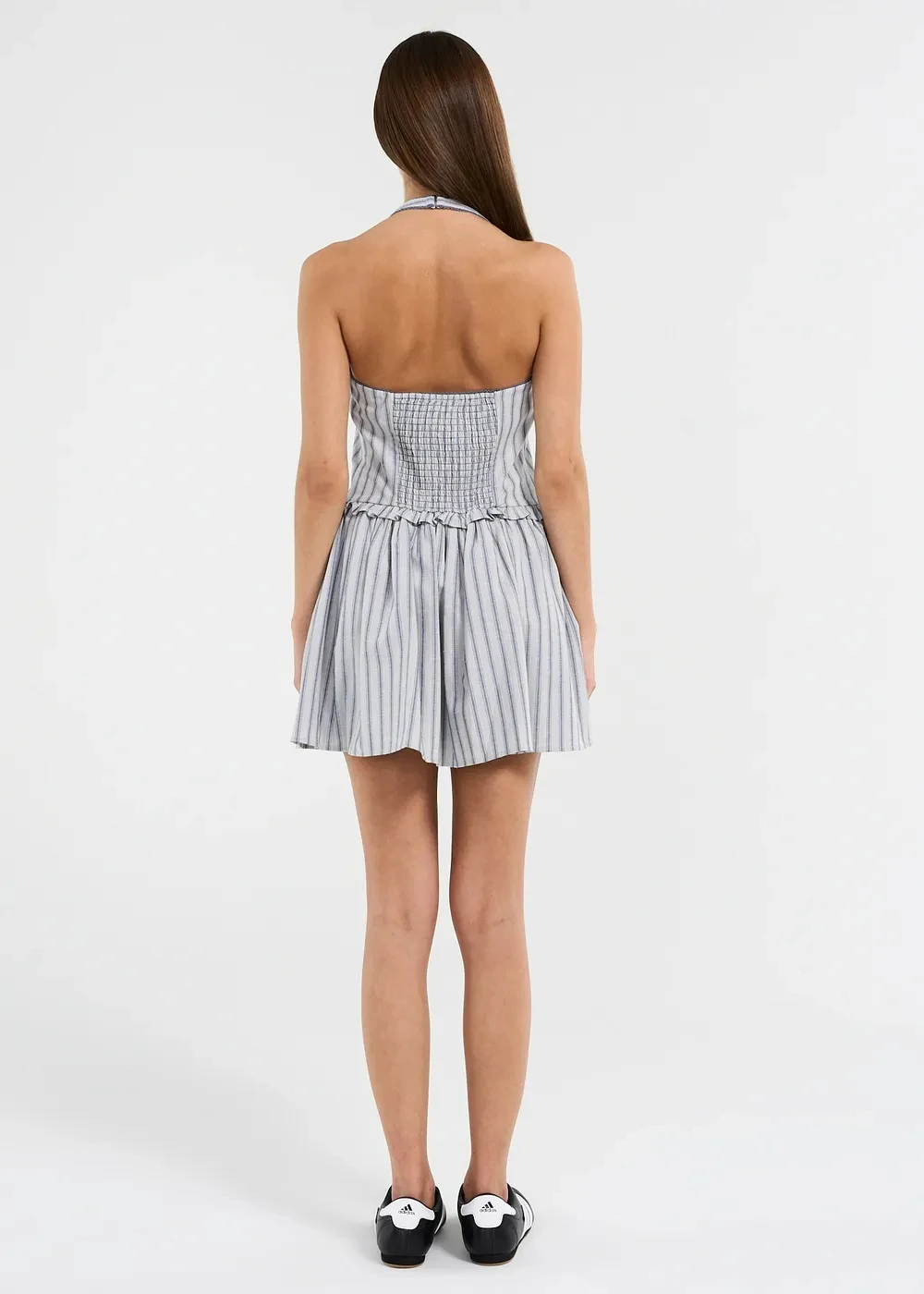 Mini robe d'été à rayures bleues pour femmes, col licou, avec nœud papillon, sans manches, à volants, dos nu, Sexy, style Boho, robes de vacances, nouvelle collection