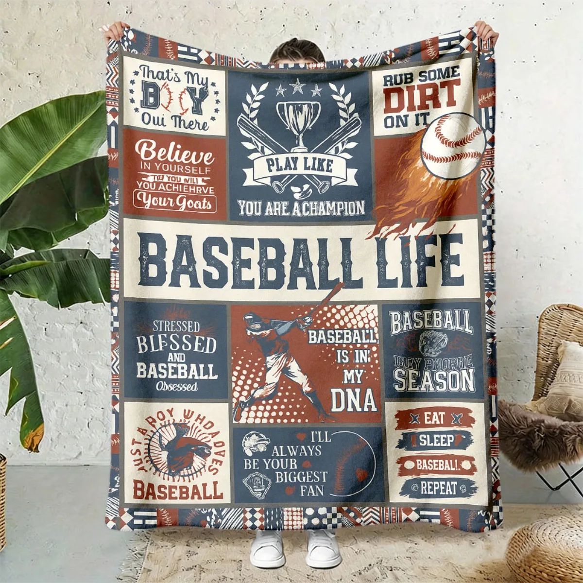 Retro Baseball Quote Flannel Throw Blanket Sports Player Patch Print Soft Cozy Blanket for Bedroom Sofa Nature Lover Gift