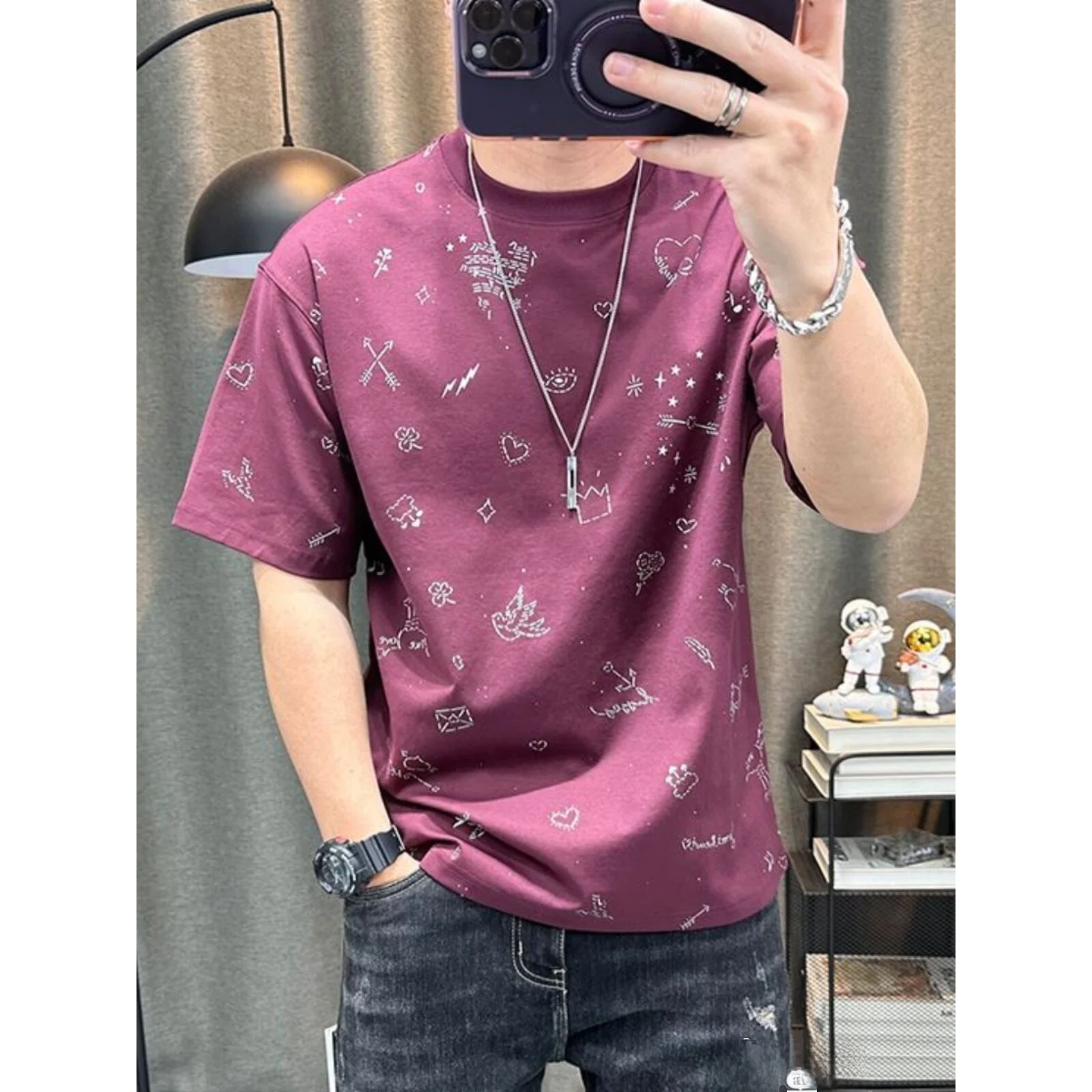 

Luxury Trendy Brand Printed ort Sve T-irt Men Summer High End Faion round Ne Casual Versatile f Sve Trendy