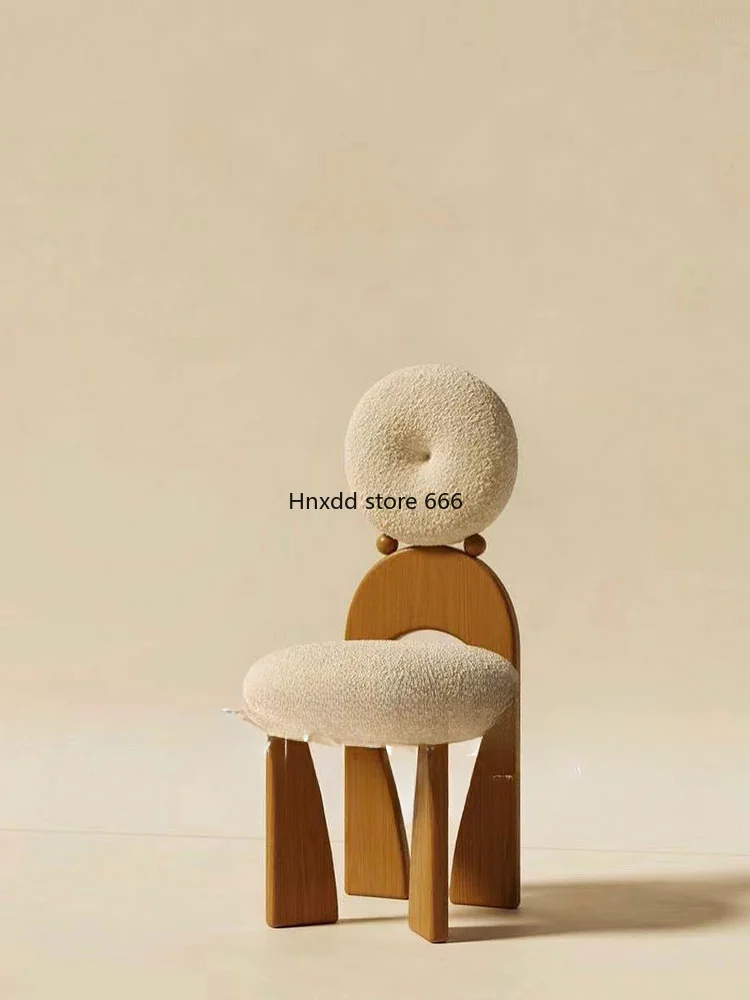 Lamb wool high backrest makeup stool retro solid wood dresser special-shaped chair