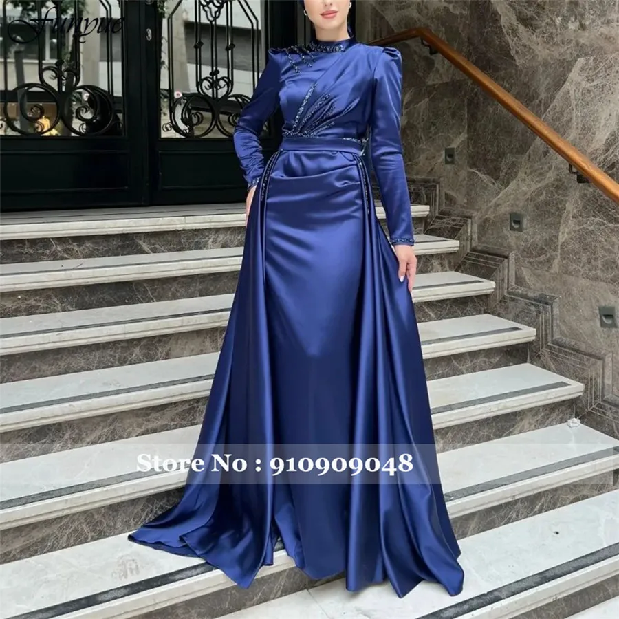 Funyue Elegant Muslim Evening Gown Mermaid Long Sleeve Formal Dress High Neck Arabia Dubai Wedding Party Dress Vestidos De Noite