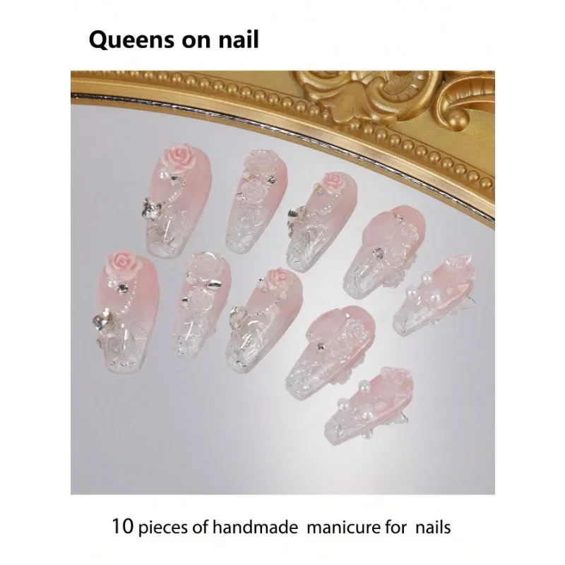 10pcs Pure Handmade press on Nails Long Style/Rose Decoration/Butterfly Sparkling Rhinestones/Pearls, Symbol Of Friendship