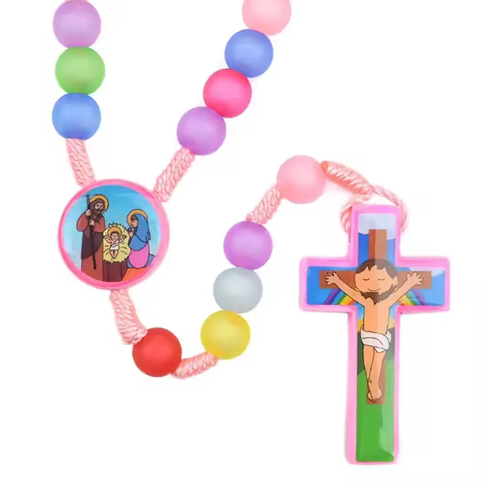 1Pcs Child Pink Cartoon Acrylic Catholic Rosary for Kids 20inch Boy Girl Cord Rosaries
