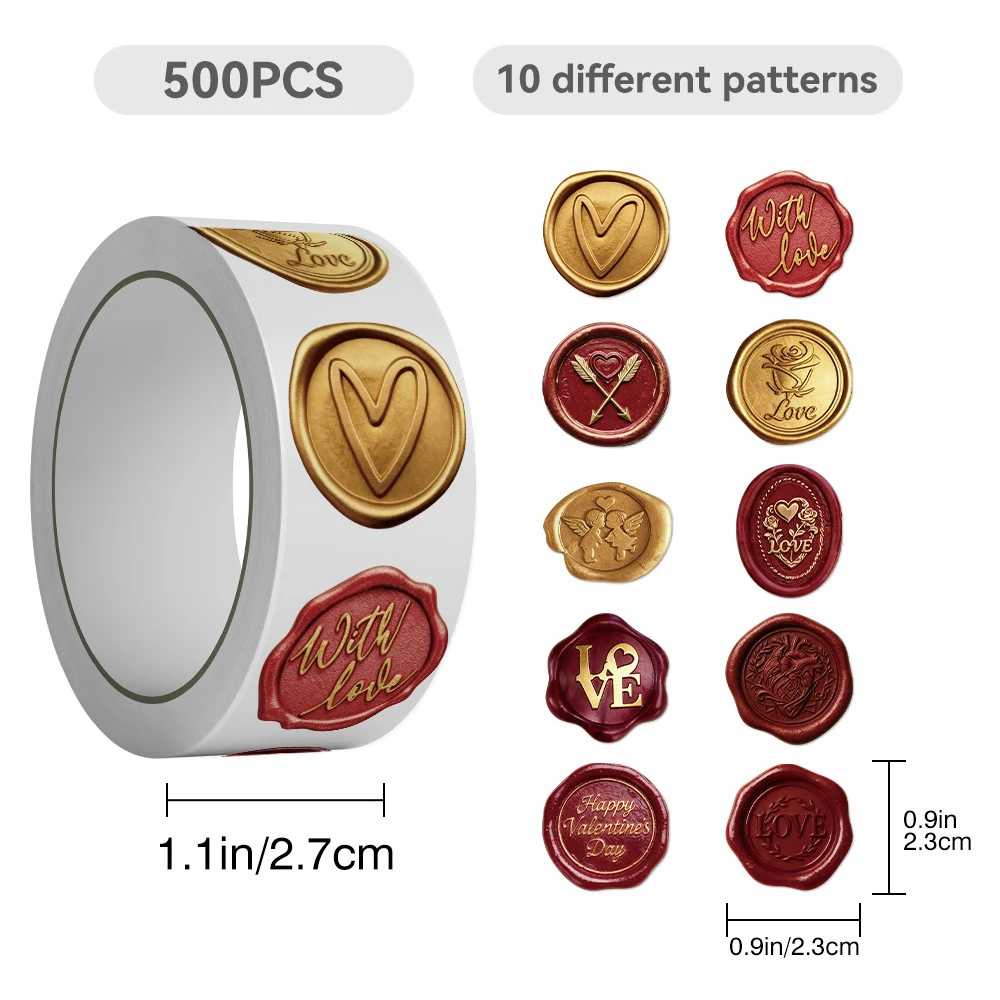 

500pcs Valentine's Day Wax Seal Stickers Roll Cute Aesthetic Seal Label Sticker DIY Laptop Phone Vintage Decoration Decals Gifts
