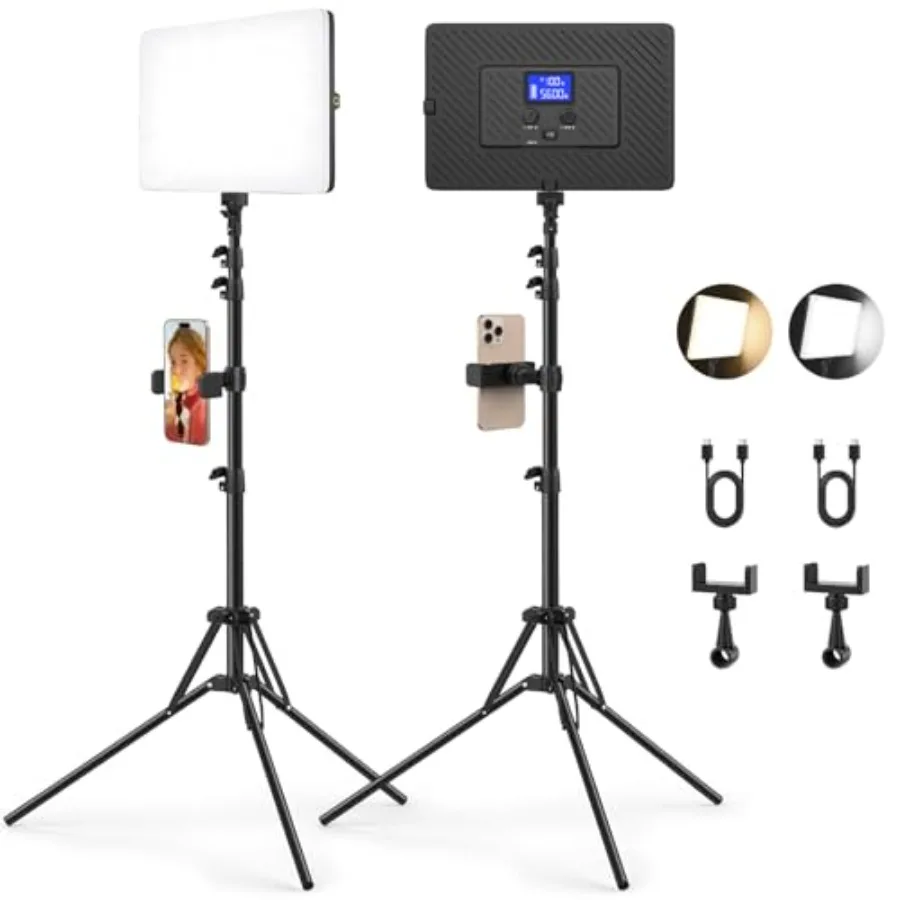 

【New model】2 Pack Led Video Light Kit with Stand Photography Light Panel Built-in 8000mAh and LCD Display 2200Lux 2500K-8500K S