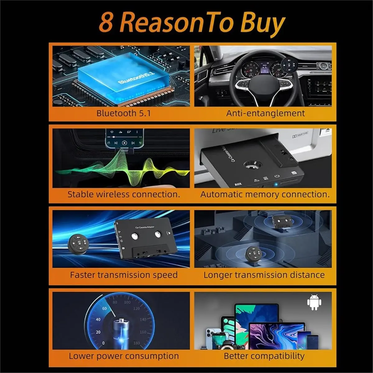 (A99Z] Car Cassette Bluetooth Adapter with Remote Control Support Smartphones, Tablets, MP3 Players, TF Cards
