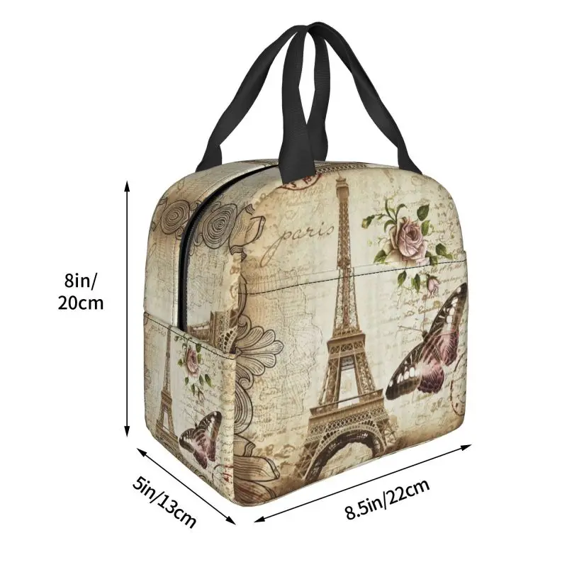 France Paris Eiffel Tower Thermal Insulated Lunch Bag Flower Pink Portable Lunch for Work School Travel Multifunction Food Box