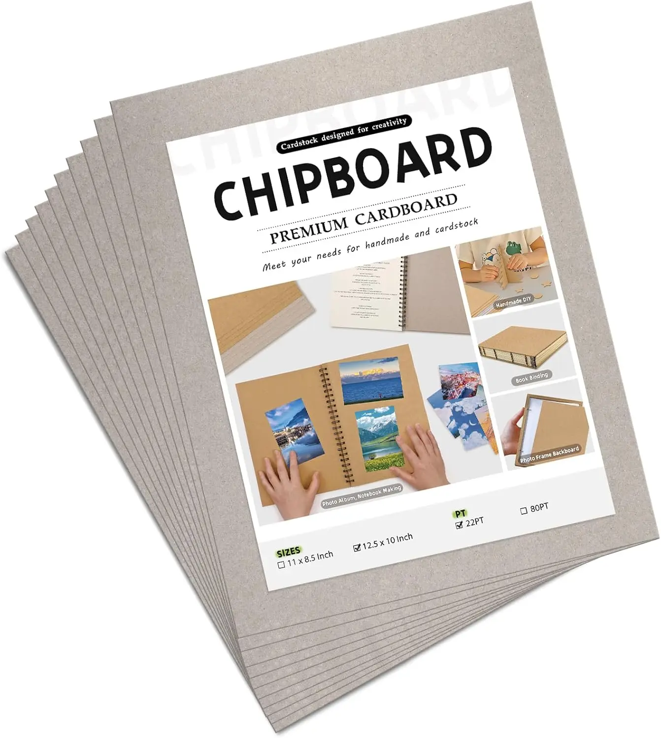 

10 Chipboard Sheets 12.5x10" 22pt Cardboard for Crafts, Sturdy Kraft Board for DIY Packaging, Shipping, Bookbinding (Gray)