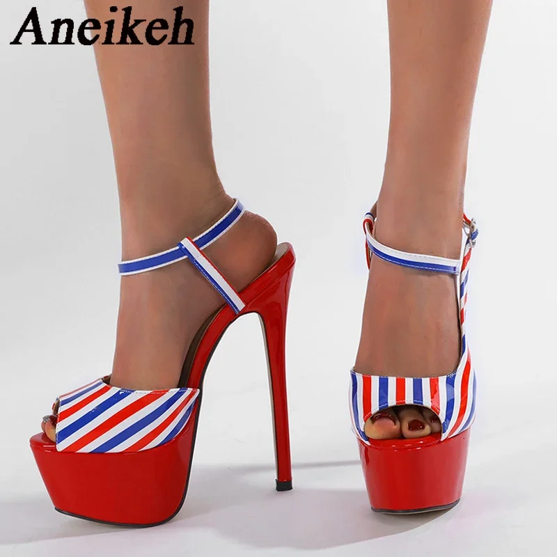 Aneikeh Fashion Color Striped Stiletto Heel Platform Women\'s Sandals Buckle Strap Nightclub Party Shoes Zapatillas De Mujer