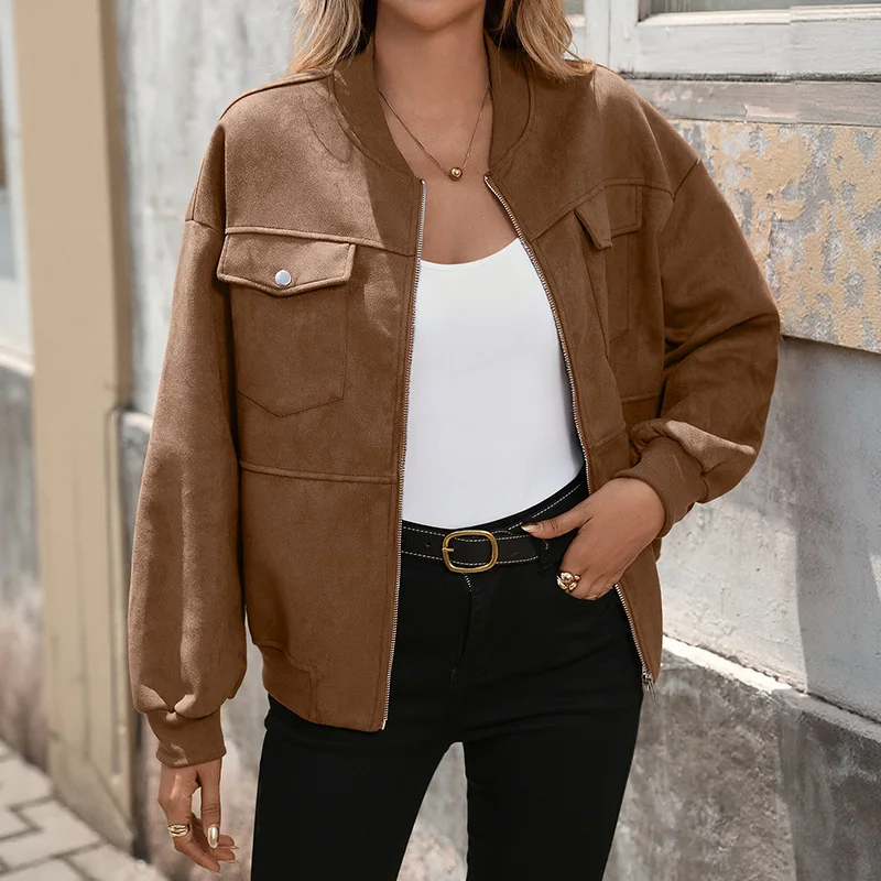 Chic 2026 Korean Retro Tooling Style Short Jackets Outwear Female Coats Outwear Bomber Imitation Suede Baseball Jacket Women Y2K