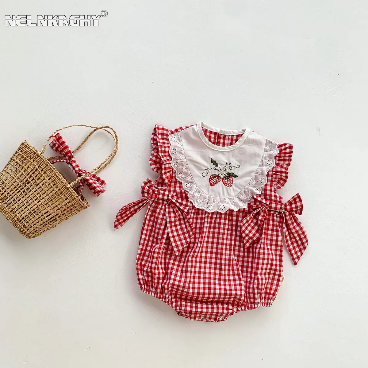 

Infant Kids Girls Summer Fly Sleeve Bow Plaid Embroidery Flower Outfits Newborn Baby Clothing Jumpsuits Bodysuits Gift Headbands