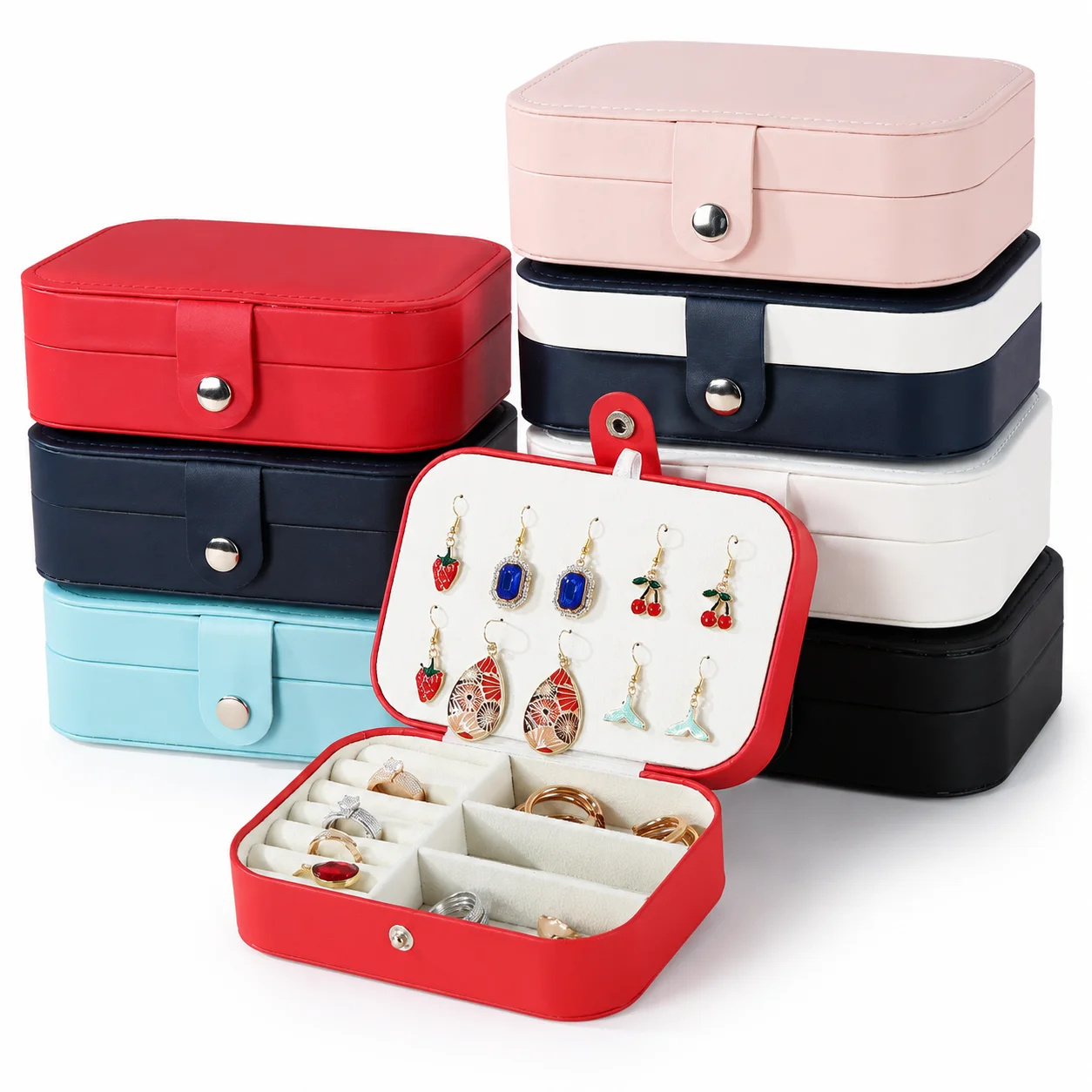 Tragbare Schmuckbox aus PU-Leder, doppellagig, Reise-Schmuckaufbewahrungsbox mit Druckknöpfen für Ringe, Halsketten und Ohrringe – Detail 2