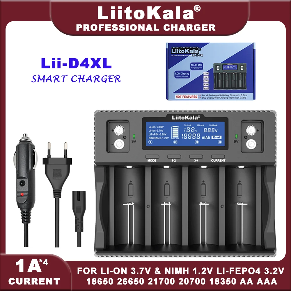 

LiitoKala Lii-D4XL Lii-PD4 Display 21700 18650 3.7VLi-ion 3.2V LiFePO4 1.2V NiMH/Cd 26650 26700 32700 9V Battery Charger