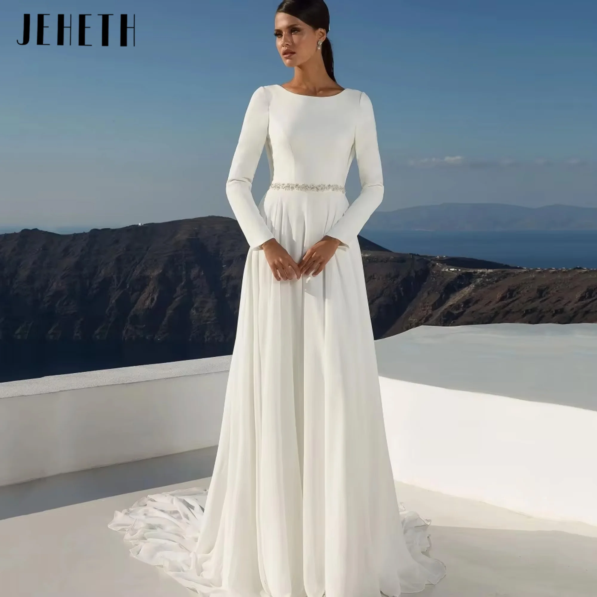 

JEHETH Elegant A Line Wedding Dresses Long Sleeves Crystal Bride Dress Backless Appliques Gowns New Vestidos De Novia Customized