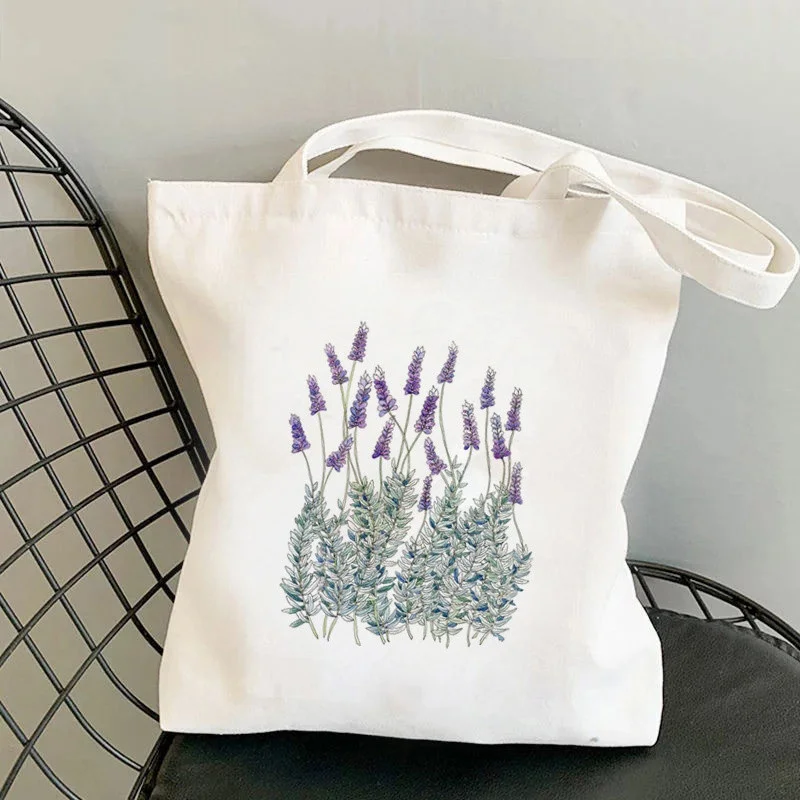 Watercolor Lavender Print Canvas Tote Bag Floral Aesthetic Eco Friendly Reusable Shoulder Bag for Women