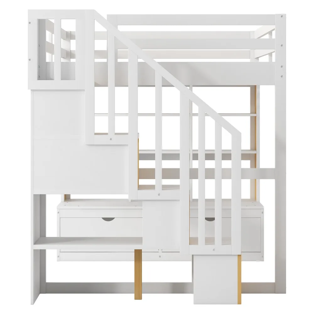 

Full Size Loft Bed with Desk and Shelves Two Built-in Drawers Storage Staircase White and Natural