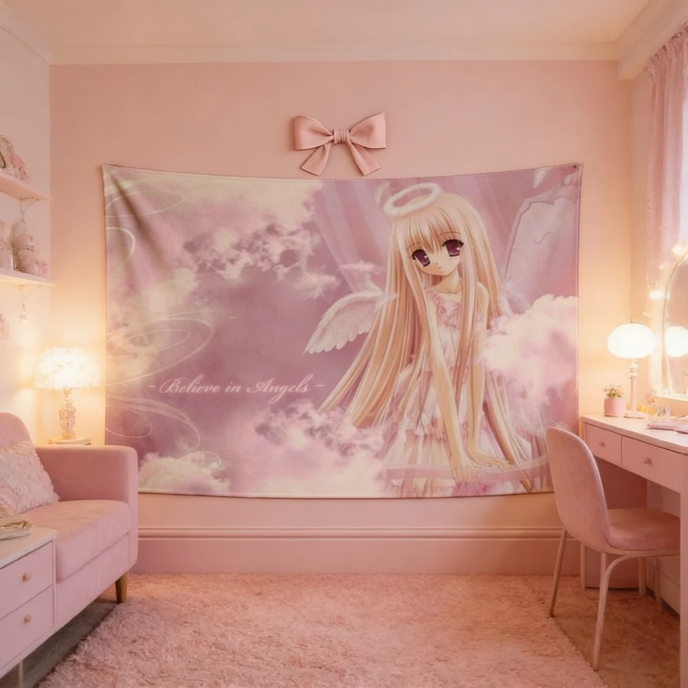 VIKAMA Pink Anime Angel Girl Tapestry Cloud Wings Cartoon Wall Hanging Kawaii Backdrop Girls Dorm Room Wall Decor