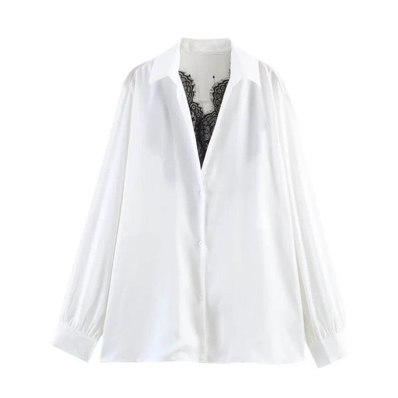 Withered Women's 2026 Summer New Product Casual Loose Versatile Collar Splicing Lace Contrast Long Sleeve Shirt