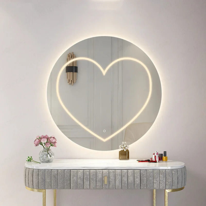 Art Round Bathroom Mirror With Led Light Touch Control Makeup Cute Mirror Bathroom Modern Espejo Pared Aesthetic Mirror EB5BM