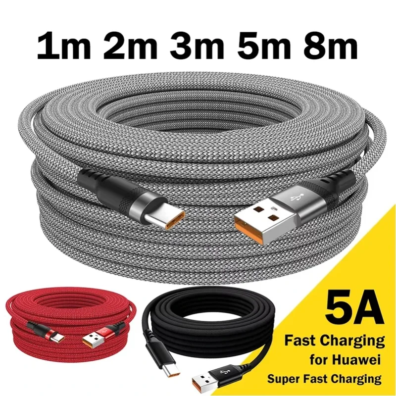 USB Typ-C Kabel 5A Superschnelles Ladekabel für Huawei 1m 3m 5m 8 Meter USB-C Verlängerungskabel für Samsung Xiaomi OPPO Universal