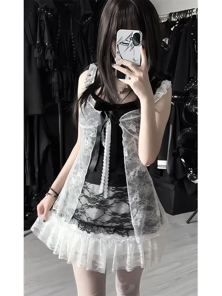 

Японский винтажный комплект из 2 предметов 2000-х годов, женский укороченный топ Y2k, кружевная блузка + мини-платье без рукавов, ретро-наряды, шикарные костюмы