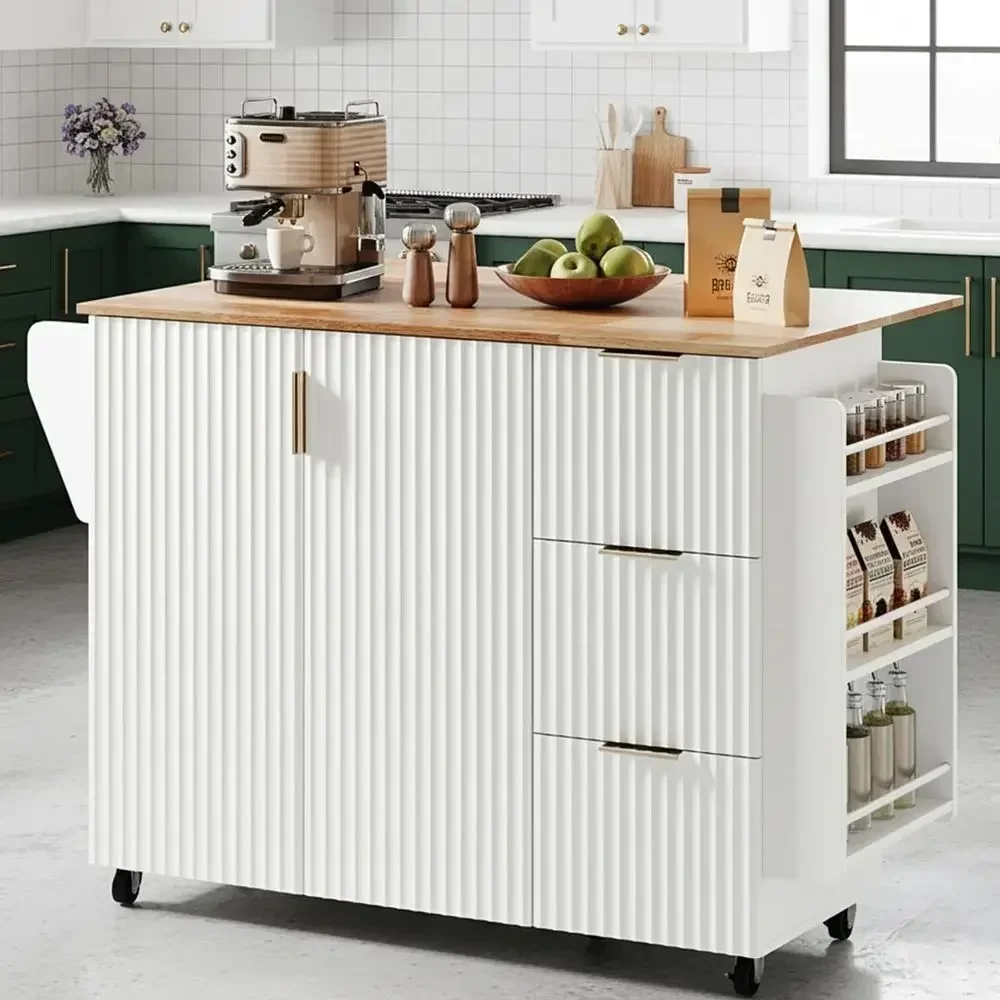 White 3-Drawer 2-Door Kitchen Cart with Adjustable Shelves, Towel Bar, 3-Tier Rack, and 360° Swivel