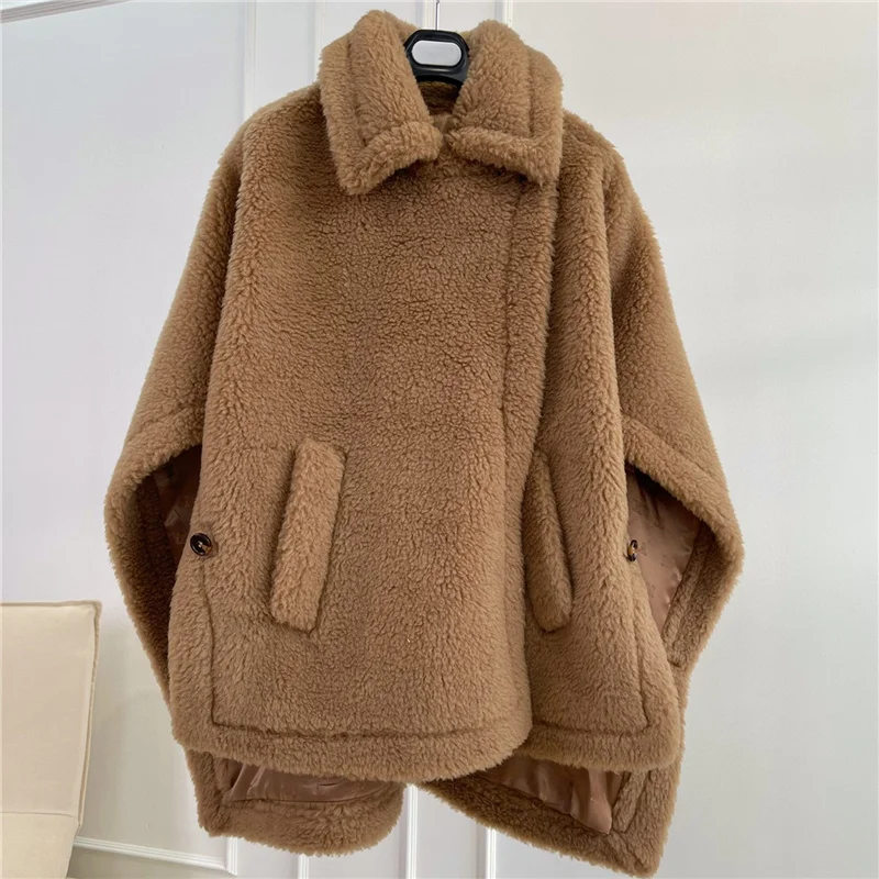 MM Real Fur Short Cloak Teddy Coat Lady Content Woven Fabric Thick Warm Overcoat Loose Cozy Outerwear Streetwear Oversize