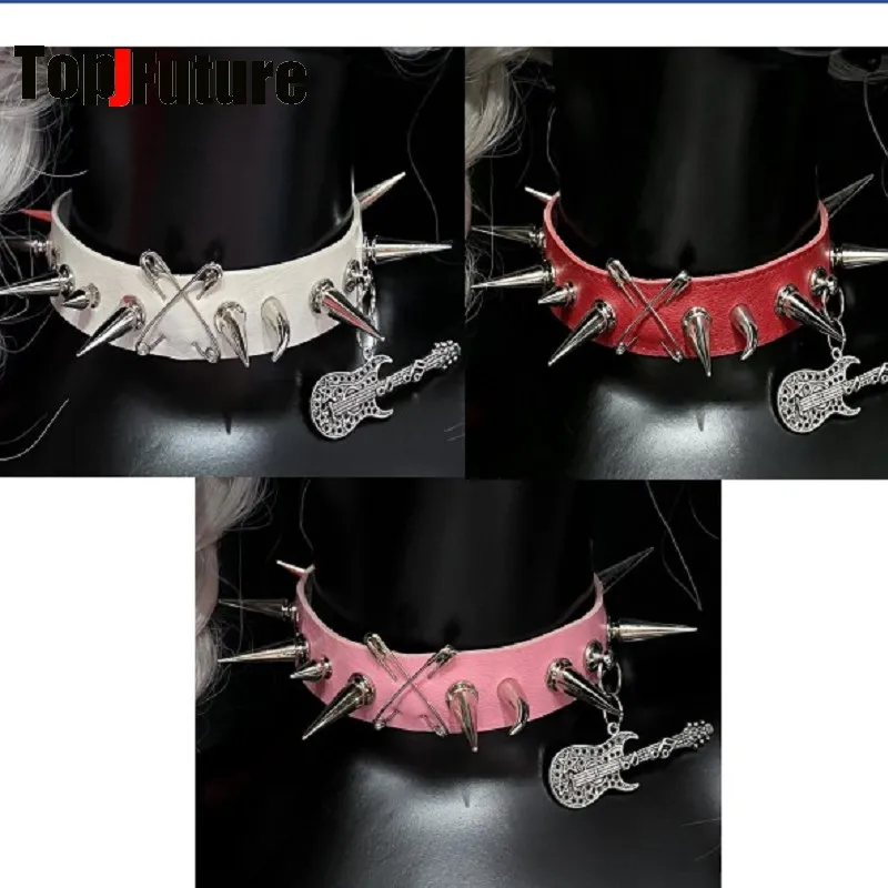 Original Dark Gothic Rock Punk Alternative Subculture Choker With Spikes & Guiter Pendant Y2K Girl Vintage Leather Necklace