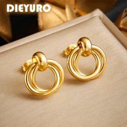 DIEYURO 316L Stainless Steel Golden Double Circle Earrings For Womens Fashion Sense Of Design New Ear Jewelry Lady Gift Party