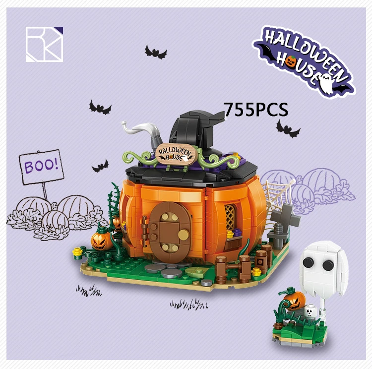 

Creative Halloween Trick Or Treat City Street View Block Pumpkin House Build Brick Ghost Cartoon Dog Figure All Saints Day Toy