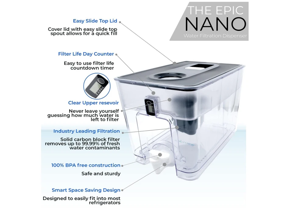 Epic Nano Countertop Dispenser for Drinking Water. 36 Cup 150 Gallon Long Last Filter BPA Free Water Purifier Large Water Jug