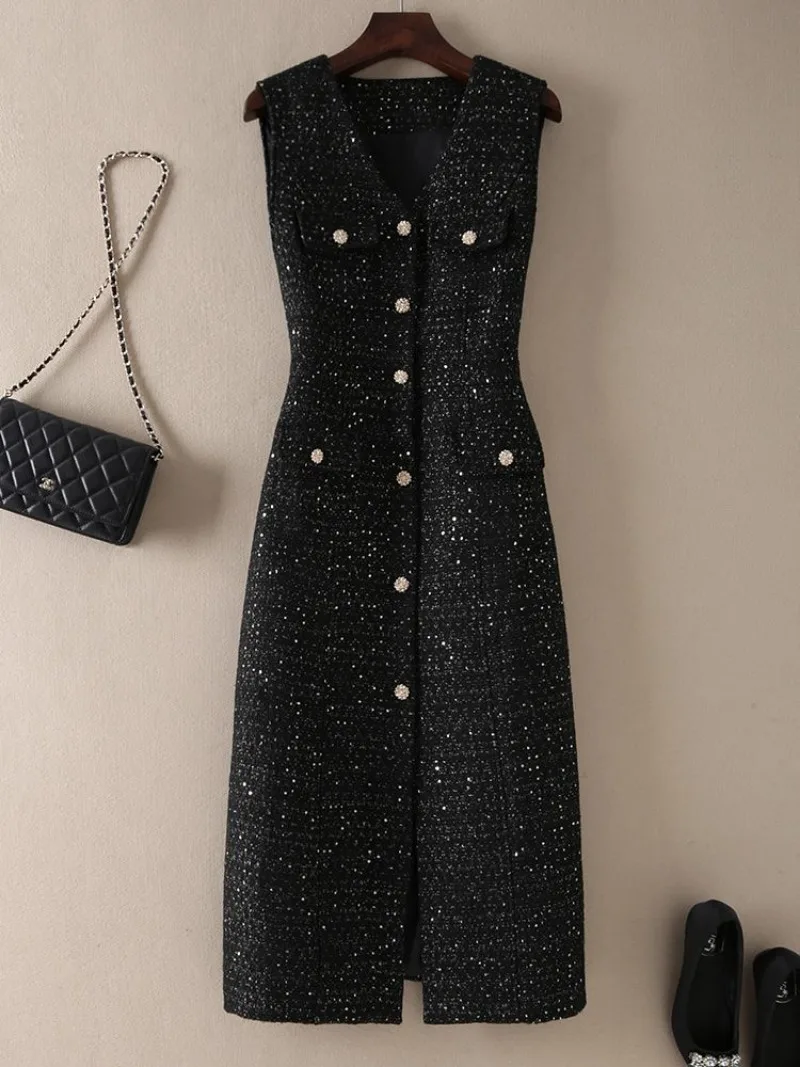 New Retro Small Fragrance Tweed Vest Dress Women Elegant Sequins Slim Waist V-neck Sleeveless High End Party Dresses Vestdios