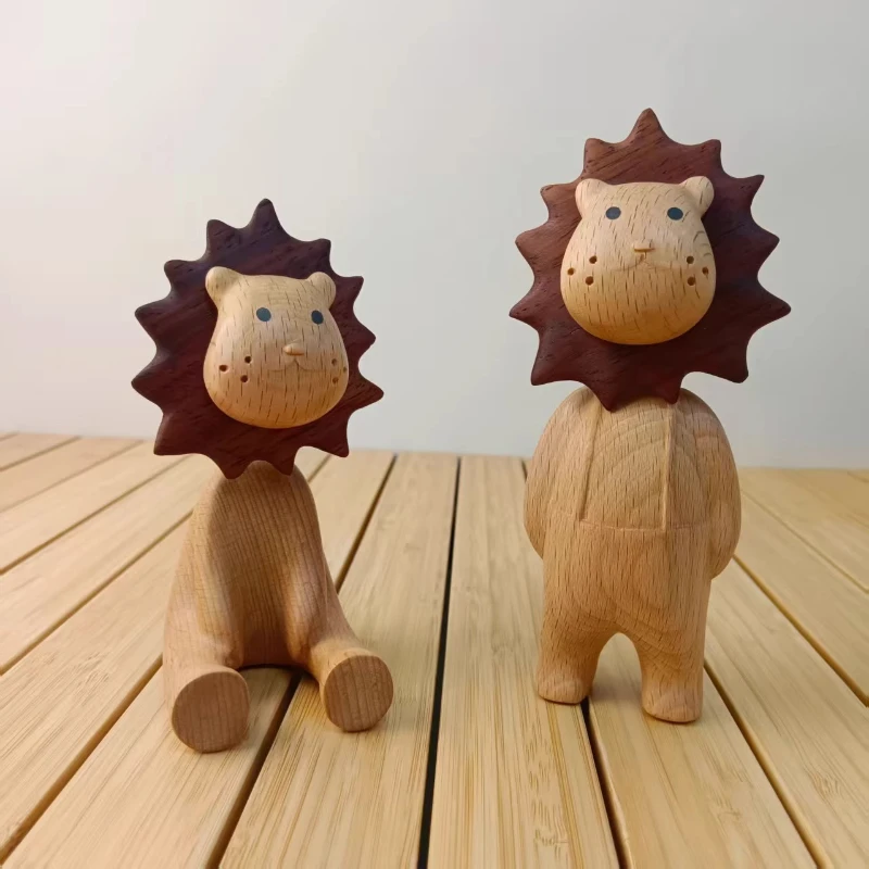 

Милый мультяшный орнамент в виде льва из цельного дерева, креативное исцеляющее украшение в виде животного ручной работы