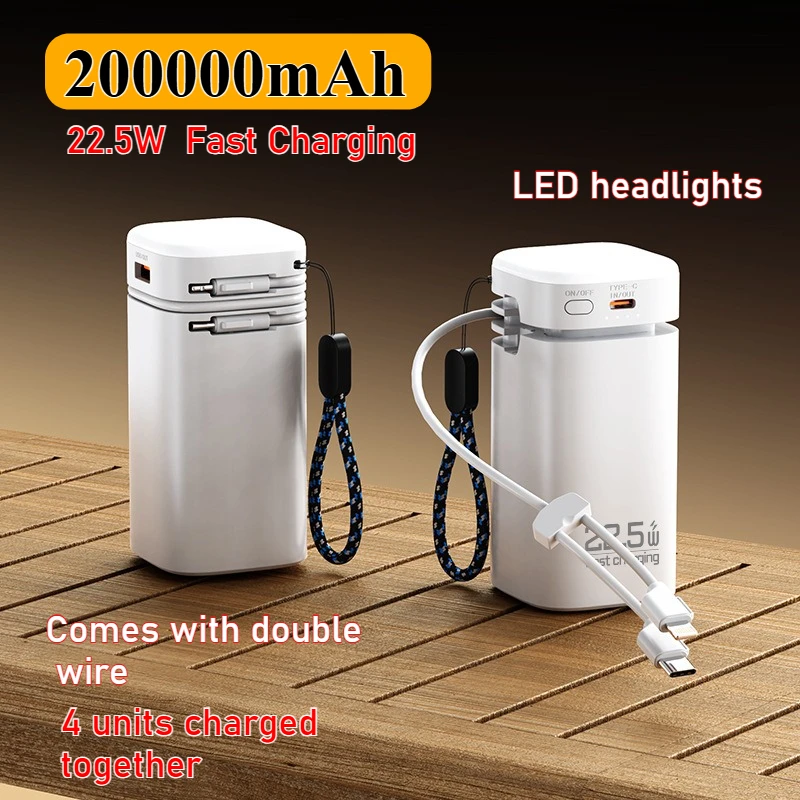 

Портативная внешняя батарея емкостью 200000 мАч, сверхбыстрая зарядка 22,5 Вт со светодиодной подсветкой и запасным аккумулятором с двойным проводом для IPhone Xiaomi