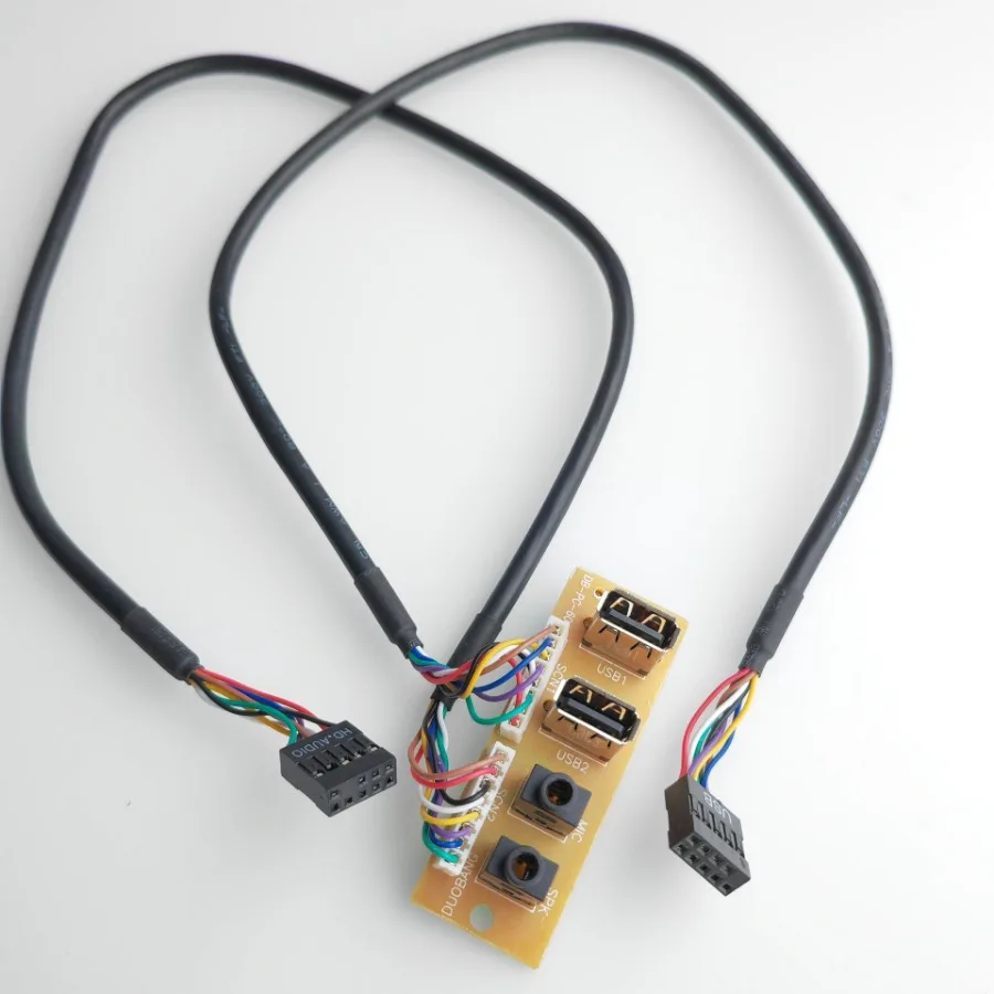 50cm 2-Port Dual USB 2.0 9Pin 3.5mm HD Audio Standing Socket Interface Motherboard Extension Cable Host Case Front Panel 65x23mm