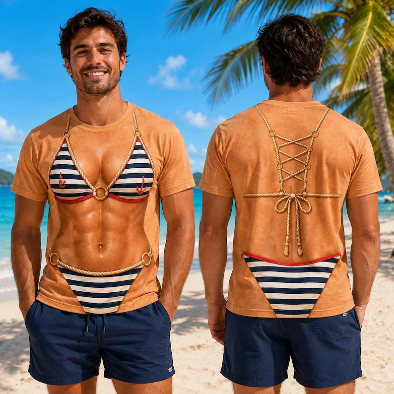 Men Funny 3D Bohemian Bikini Bead Tassel Print Short Sleeve T Shirt Hollow Back Design Novelty Graphic Tee Shirts Streetwear