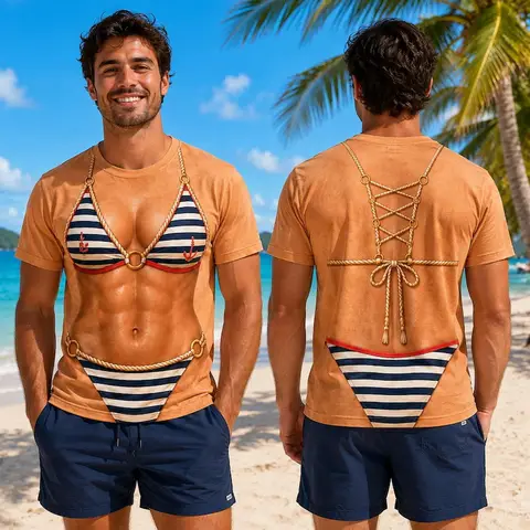 Men Funny 3D Bohemian Bikini Bead Tassel Print Short Sleeve T Shirt Hollow Back Design Novelty Graphic Tee Shirts Streetwear