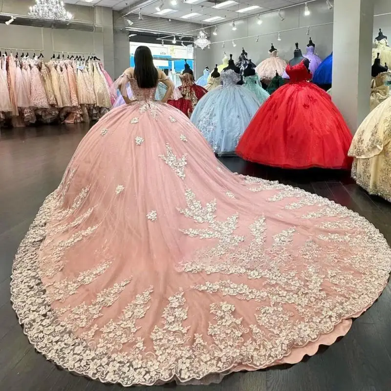Personalizado nuevo en vestido de quinceañera rosa vestido de baile princesa dulce 15 vestido de fiesta de cumpleaños flor tren largo sin espalda desfile Miss