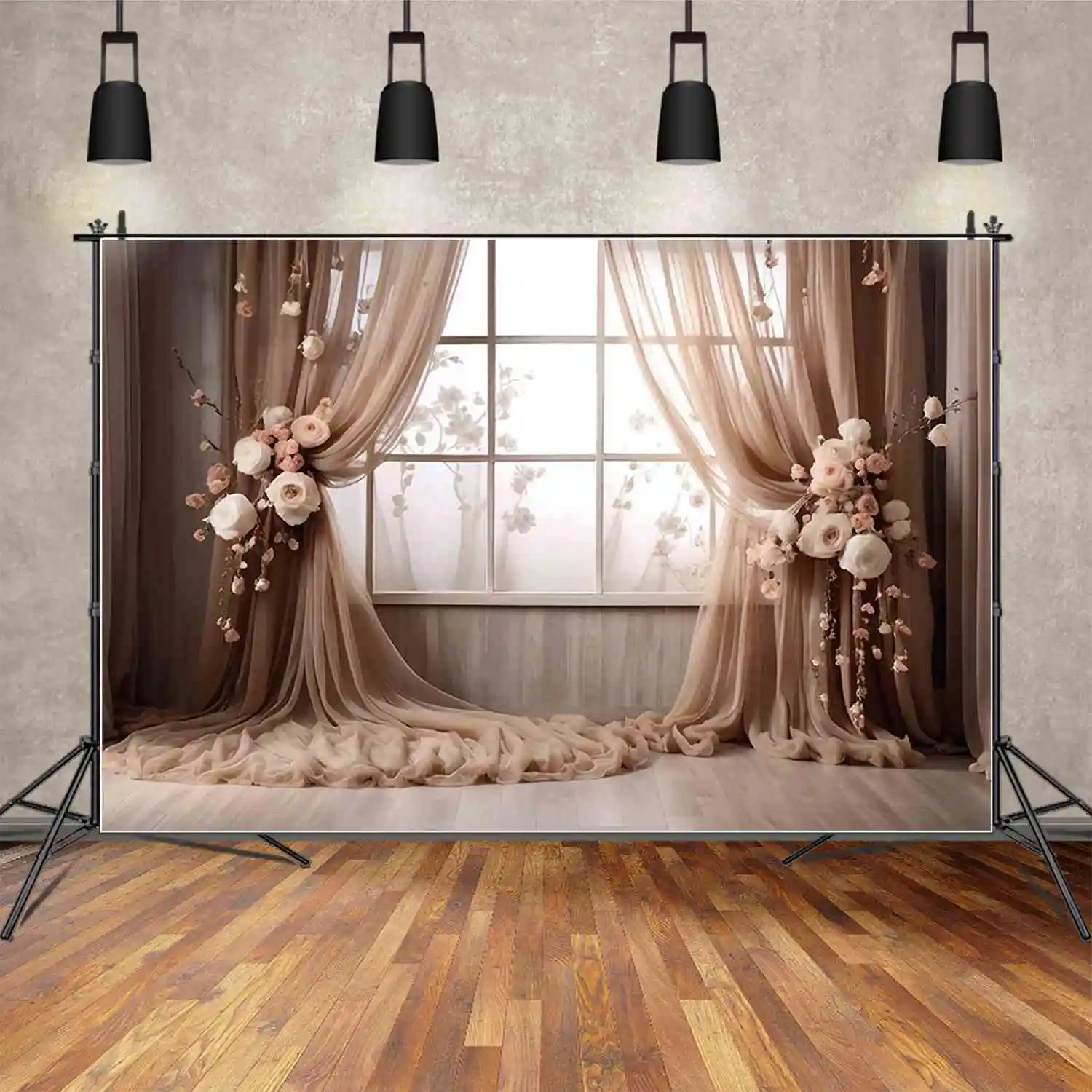 Фотофоны MOON.QG с изображением занавески окна на день рождения, женские драпированные тканевые фотообои с изображением деревянных цветов, Фотографические принадлежности на заказ