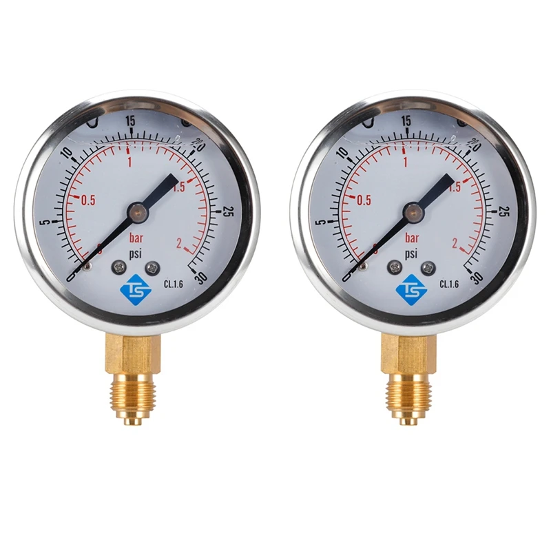 2X TS Low Pressure Gauge 0-2Bar,0-30Psi 1/4Inch 68Mm Dial Hydraulic Water Pressure Gauge Manometer Pressure