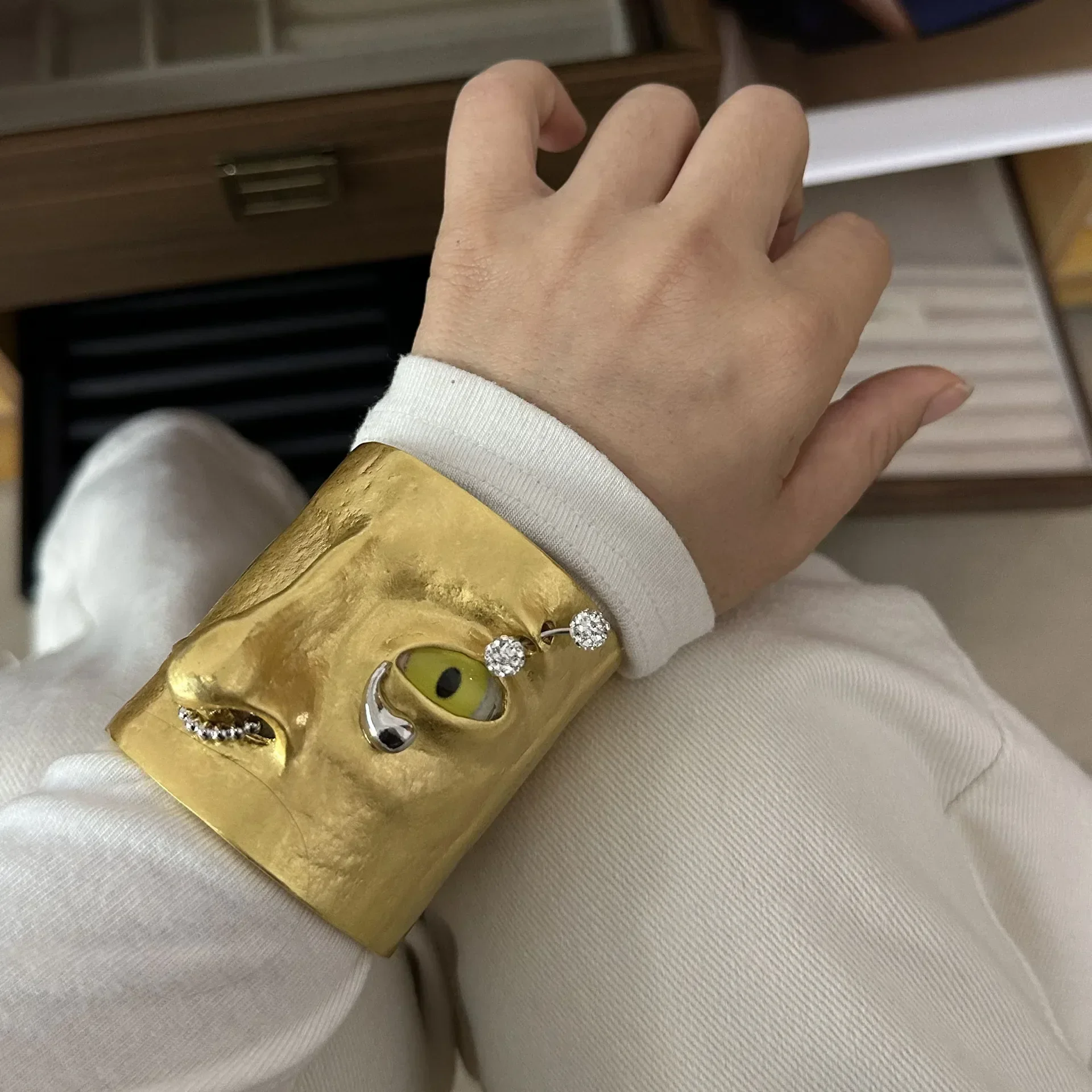 

Trendy Crystal Tear Eye Wide Cuff Bangles for Women Handmade Unique Design Statement Jewelry