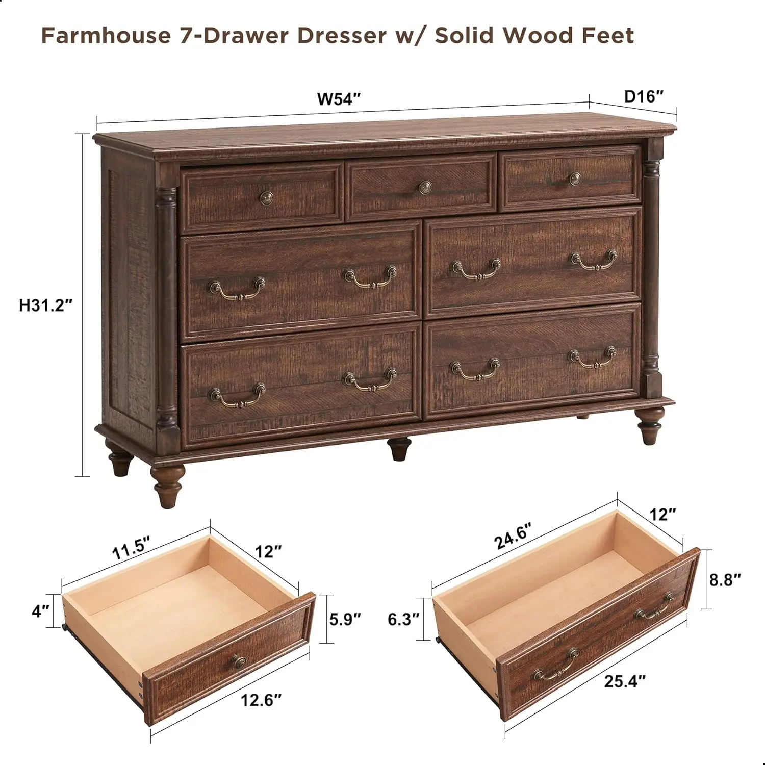 T4TREAM Farmhouse 7-Drawer Dresser with 4 Solid Wood Feet, Tall Rustic Chest for Bedroom, Living Room, Reclaimed Barnwood.