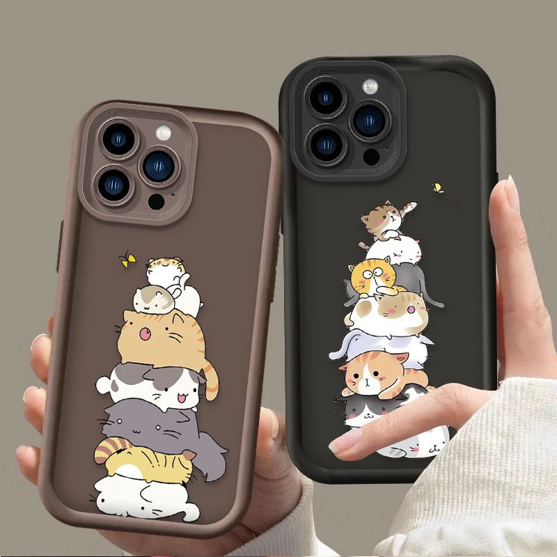 Cartoon Happy Cat Case For iPhone 16 15 14 13 12 11 Pro Max X XS X S Max XR SE 2020 7 8 Plus Shockproof Soft Silicone Back Cover