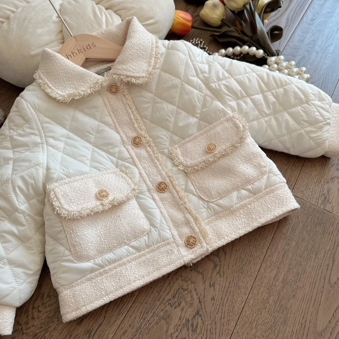 Outerwear New Turn Down Collar Coat Winter Warm Thicken Button Childrens Clothing Cotton Clip Tops 2023 Simple Pocket