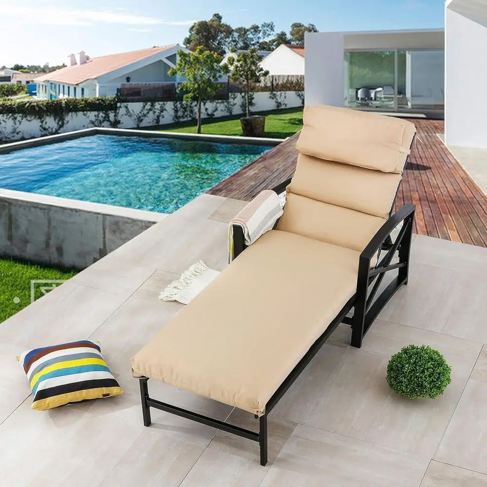 

Outdoor Adjustable Reclining Chaise Lounge Chair with Cushion and Side Pillow, Ideal for Pool, Deck, Yard in Khaki